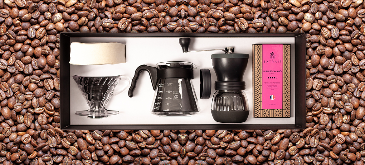 Coffret initiatique filtre EXTRAIT, tout le mat&eacute;riel pour pr&eacute;parer un bon caf&eacute; filtre